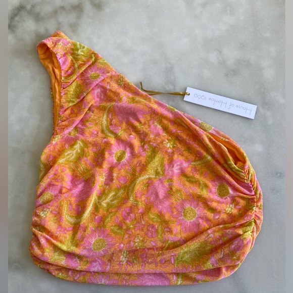 New! House of Harlow 1960 Orange Mesh one shoulder hippie print top size medium - Picture 2 of 5